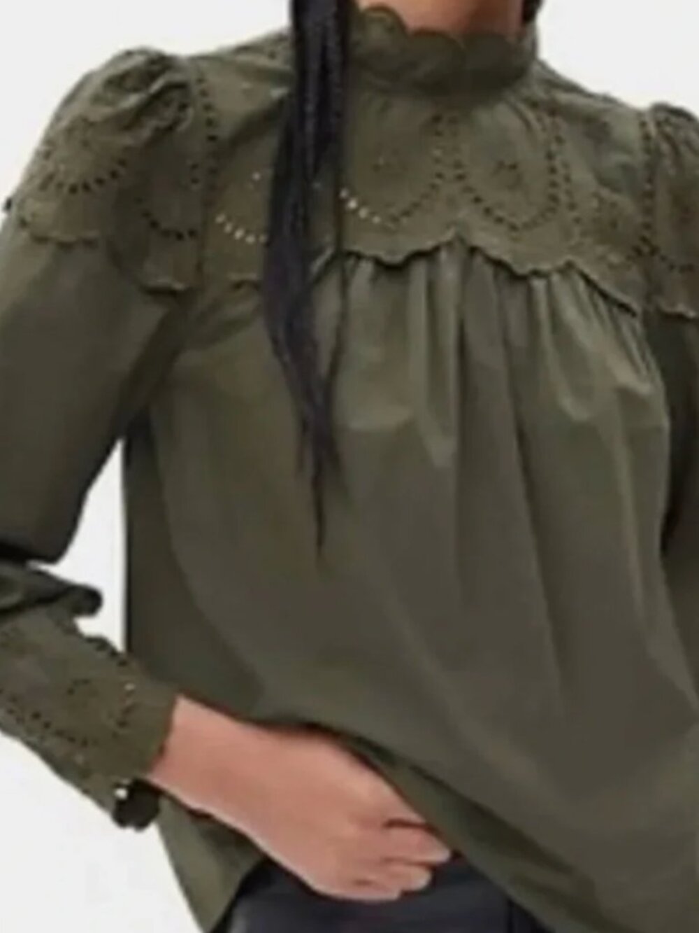 GAP Long sleeve Eyelet Mockneck Blouse in Olive green, size Medium